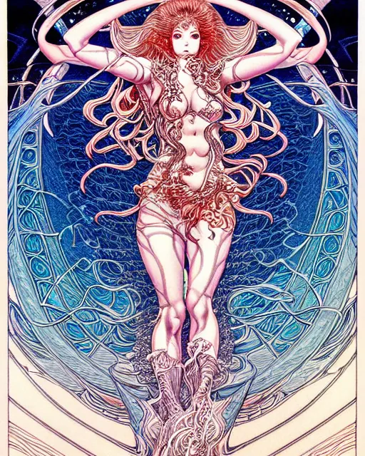 Prompt: hyper detailed illustration of the goddess of the ocean, intricate linework, lighting poster by moebius, ayami kojima, 90's anime, retro fantasy
