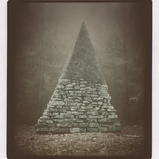 Image similar to a stone pyramid in the middle of a forest clearing, foggy, eerie, creepy, unsettling, lost footage, old polaroid, expired film,