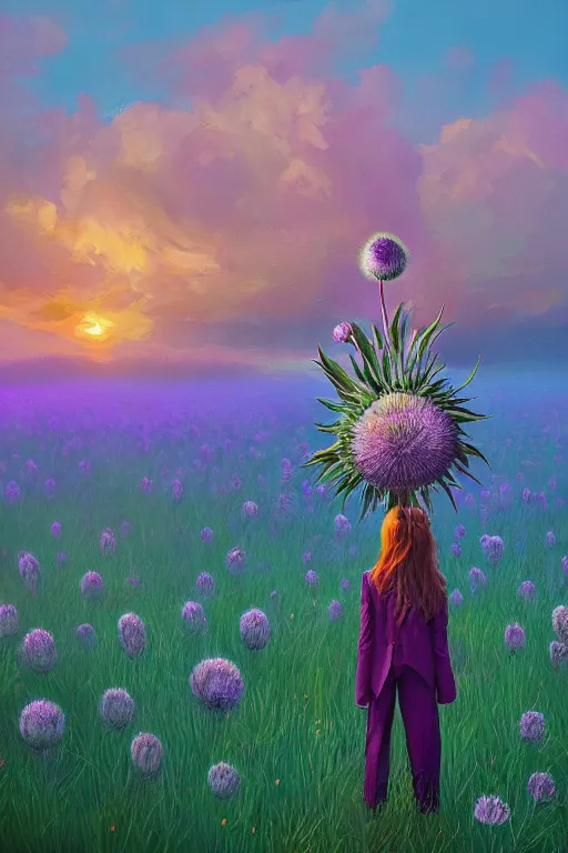 Image similar to portrait, enormous thistle flower under head, a girl in a suit in field of flowers, surreal photography, sunrise, blue sky, dramatic light, impressionist painting, digital painting, artstation, simon stalenhag