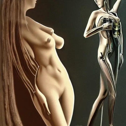 Prompt: gorgeous gynoid touching her own reflection, hyperrealistic, filmatic, dramatic, octane, highly detailed,