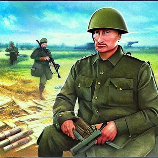 Image similar to Putin is sitting in the trenches and defending himself from Ukrainian troops, Retro futuristic painting style