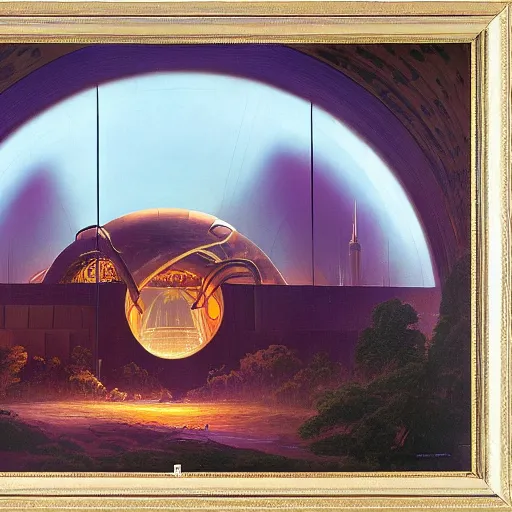 Prompt: painting of syd mead artlilery scifi organic shaped nuclear reactor with ornate metal work lands on a farm, fossil ornaments, volumetric lights, purple sun, andreas achenbach