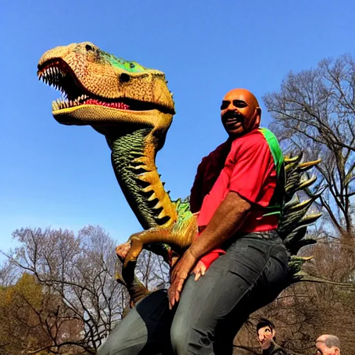 Image similar to steve harvey riding a dinosaur in central park