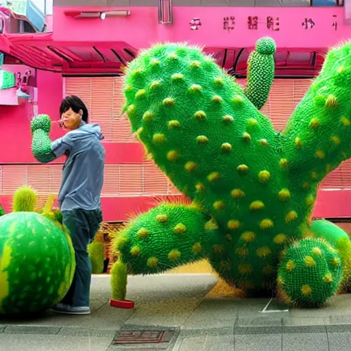 Image similar to giant cactus monster in tokyo city throws watermelons