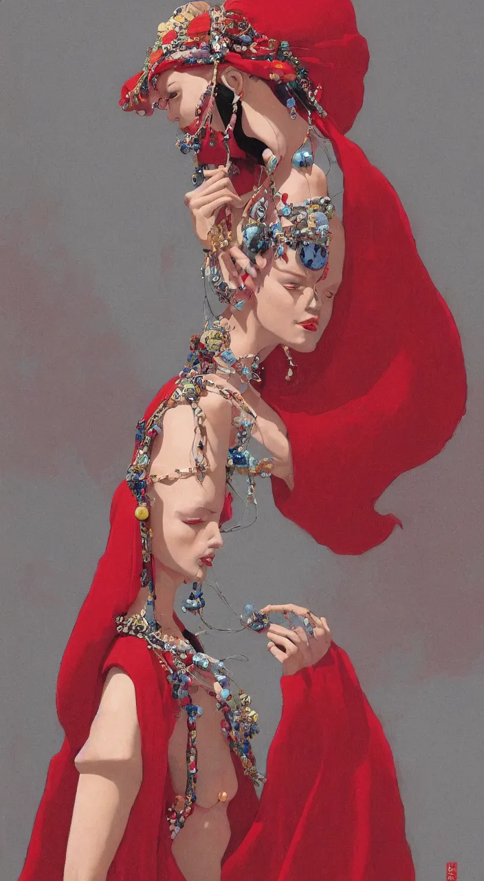 Image similar to a female character design wearing high fashion, beads hanging over her face like an alexander mcqueen headdress, haute couture, dior, and a red cape by kawase hasui, moebius, edward hopper and james gilleard, zdzislaw beksinski, steven outram colorful, hd, 8 k, artstation, high quality, ultra detailed