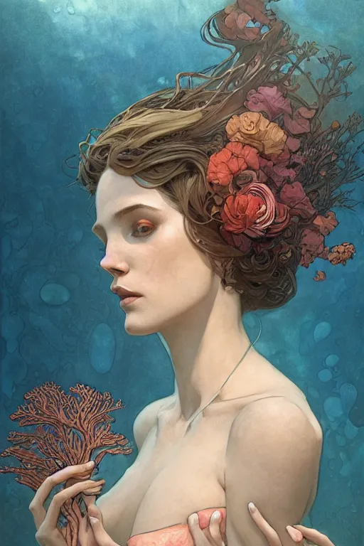 Image similar to profile portrait of a beautiful mysterious woman underwater, hidden hands holding a bouquet of flowers, corals and fish, by eve ventrue, michael carson, andreas rochas, john watkiss, casey weldon, artgerm. art nouveau. tarot card by mucha. gloomhaven. swirly intricate linework background. gaudy colors, sharp edges. octane render