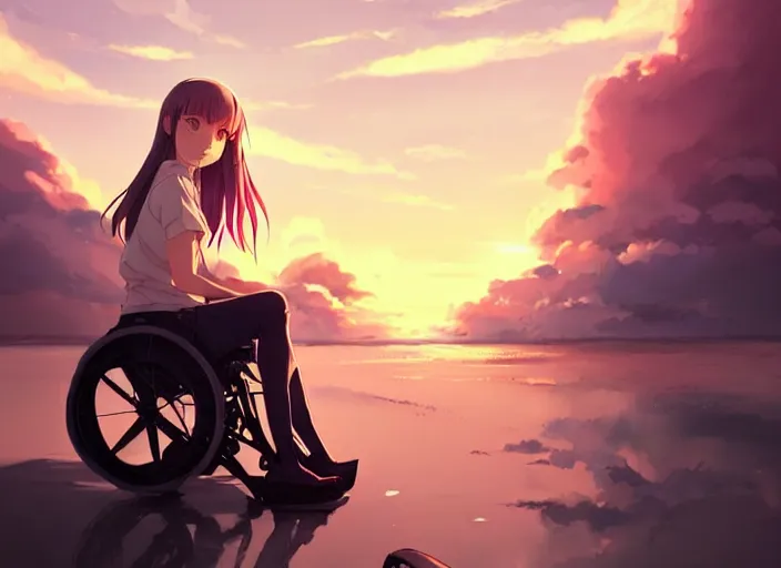 Prompt: portrait of cute girl, sunset sky in background, beach landscape, illustration concept art anime key visual trending pixiv fanbox by wlop and greg rutkowski and makoto shinkai and studio ghibli and kyoto animation, futuristic wheelchair, symmetrical facial features, future clothing, backlit