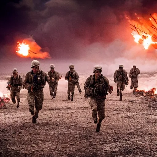 Prompt: soldiers running at the camera during normandy beach landing with fiery explosions and debris in the style of the movie lone survivor, gritty, 4 k, cinematic lighting,