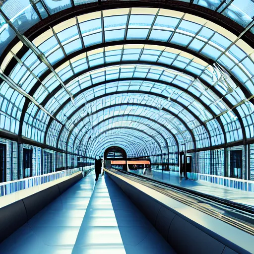 Image similar to elaborate and beautiful train station hall filled with travelers, designed by zaha hadid, bold colored walls, tall ceilings, large windows, lots of bold colors, unique architecture, sunbeams unreal engine 5 render, keyshot render, octane render, ultra high detail, ultra realistic, 8k