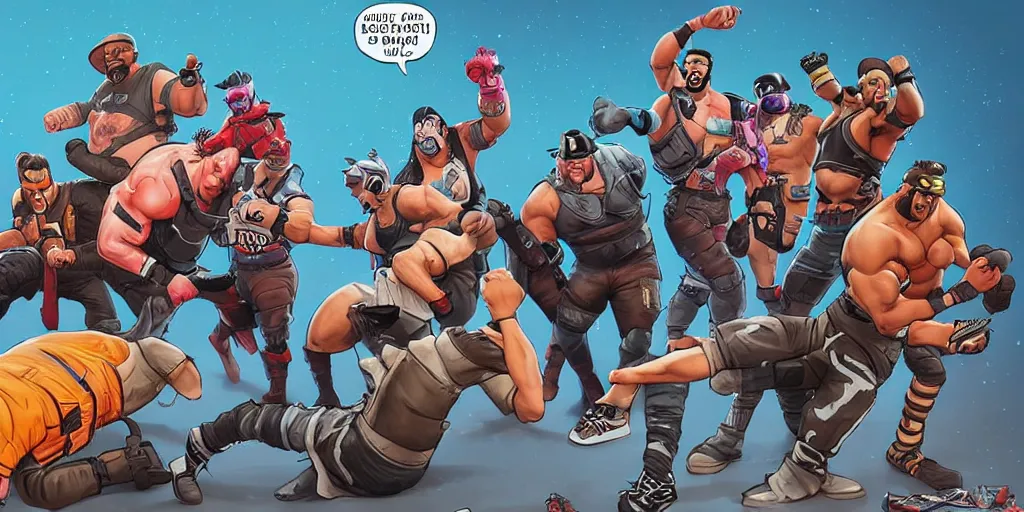 Image similar to Keystone cops fighting professional wrestlers. Fortnite. Epic painting by James Gurney and Laurie Greasley.