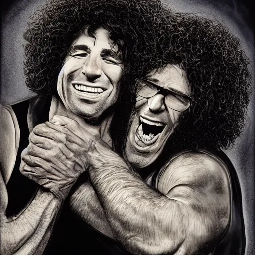 Prompt: Joe Rogan and Howard Stern laughing portrait, intricate, highly detailed, concept art, smooth, sharp focus, illustration, medium shot, mid-shot