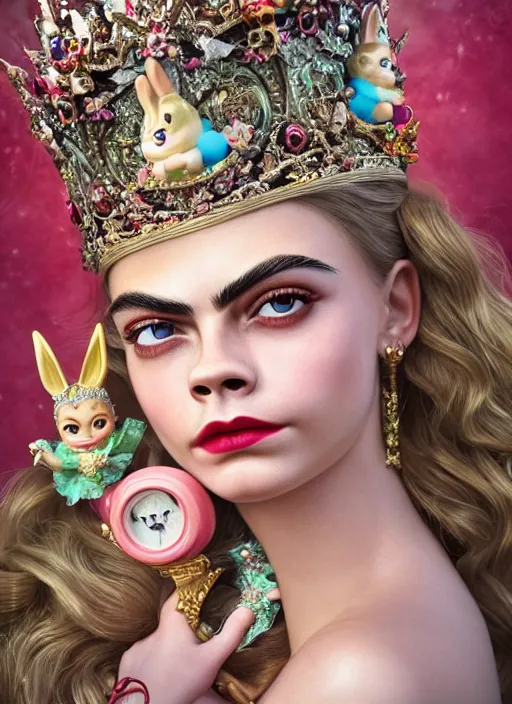 Image similar to closeup face profile portrait of a tin toy cara delevingne as a fairytale princess wearing a crown with tin bunnies, bikini, depth of field, zeiss lens, detailed, symmetrical, centered, fashion photoshoot, by nicoletta ceccoli, mark ryden, lostfish, breathtaking, 8 k resolution, extremely detailed, beautiful, establishing shot, artistic, hyperrealistic, octane render