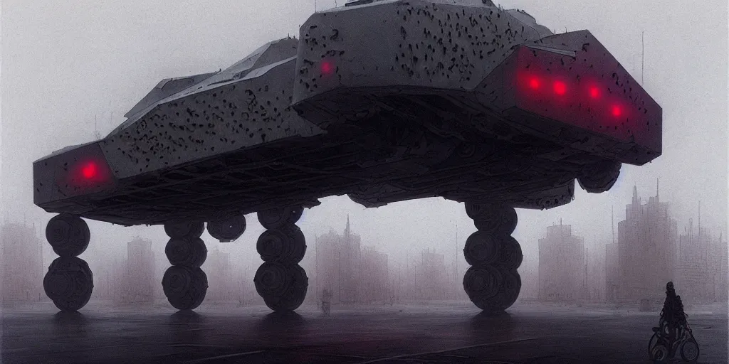 Image similar to matte painting of gigantic huge mech covered with wounds, black, pastel matte colors, staying in the foggy huge parking station, by moebius, hyperrealism, intricate detailed