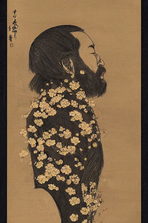 Image similar to Japanese man's face in profile, long beard, made of flowers and fruit, in the style of the Dutch masters and Gregory crewdson, dark and moody