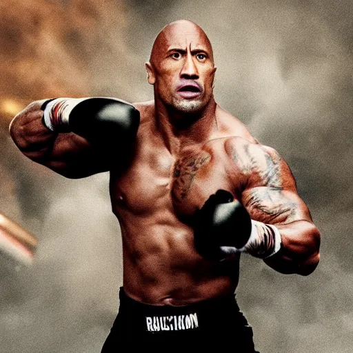 Prompt: cinematic film footage of Dwayne Johnson fighting in battle