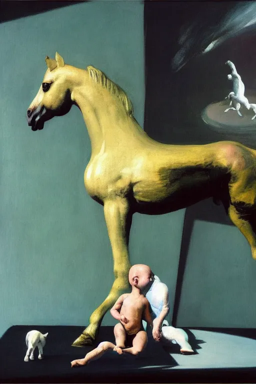 Prompt: small foal sits on the back of his astronaut father, hauntingly surreal, highly detailed painting by francis bacon, edward hopper, adrian ghenie, gerhard richter, and james jean soft light 4 k,