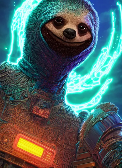 Prompt: An aetherpunk anthropomorphic sloth wearing radioactive glowing magic infused armor, intricate artwork by Dan Mumford and Dan Witz and Michael Whelan, cinematic, hyper realism, high detail, octane render, unreal engine, 8k, Vibrant colors, Smooth gradients, High contrast, depth of field, aperture f2.8