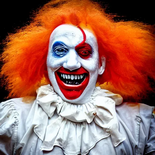 Image similar to Close up photograph of Ronald McDonald emerging from a dirty puddle, white facepaint, red afro, red round nose, yellow jumpsuit!! creepy smile!!!, highly detailed, F32