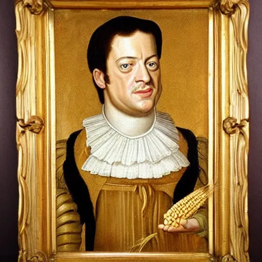 Image similar to a 1 6 0 0 s portrait painting of brendan fraser holding corn, intricate, elegant, highly detailed