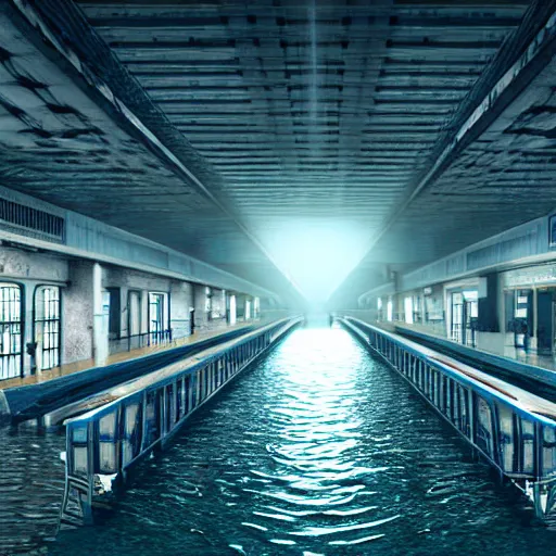 Image similar to photo of a train station, the floor is flooded with one meter deep water. eerie, volumetric lighting. highly - detailed 4 k