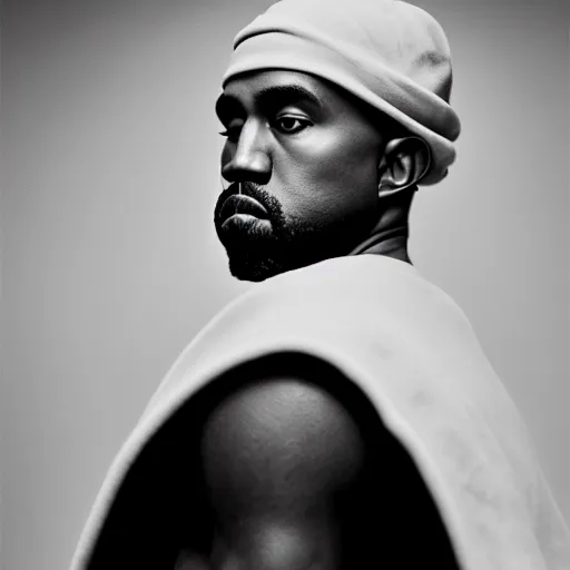 Image similar to a chiaroscuro lighting portrait of kanye west dressed as rick owens, black background, portrait by julia margaret cameron, shallow depth of field, 8 0 mm, f 1. 8