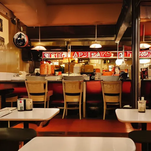 Image similar to inside of a diner serving hot pancakes, cozy lighting, late night, photo