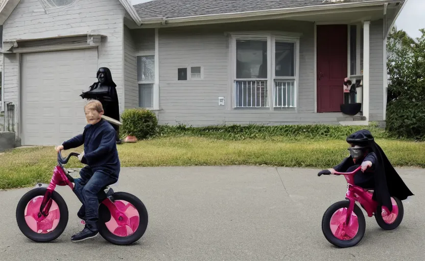 Image similar to Darth riding his child sized bike in front of his home, 8k
