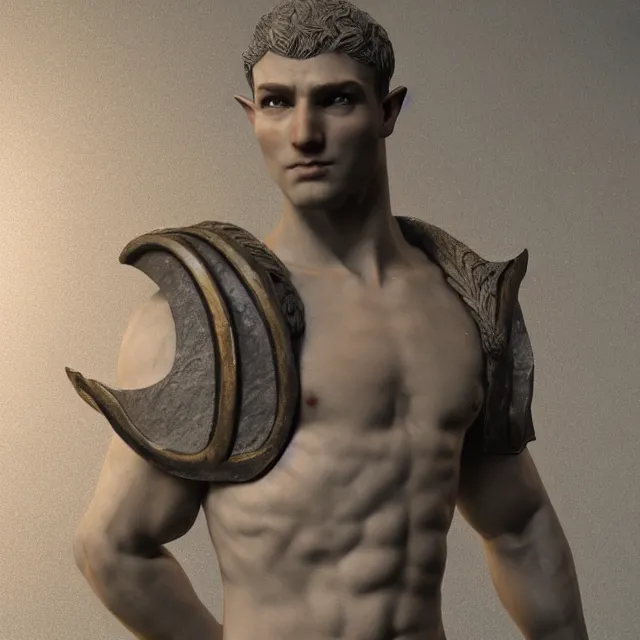 Image similar to marble sculpture of a male warrior elf, realistic, unreal engine render, octane render, hyper realistic, photo, 8 k, cinematic lighting