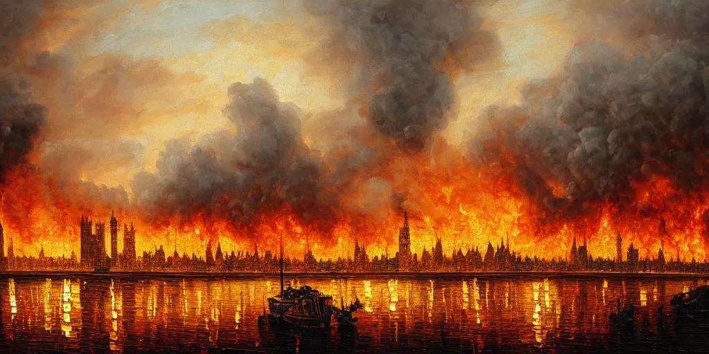 Image similar to oil painting landscape great fire of london, high production value, intricate details, high resolution, hdr, high definition, masterpiece, realistic, ultrarealistic, highly detailed, hd, sharp focus, non blurry, sharp, smooth