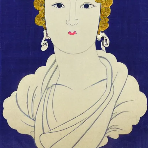 Prompt: Sculpture. A beatiful portrait of a young woman, pictured from the shoulders up, wearing a pearl necklace and earrings. She has blonde hair that is styled in loose curls, and she is looking to the side with a soft expression. cool indigo by Katsushika Hokusai, by Mat Collishaw robust