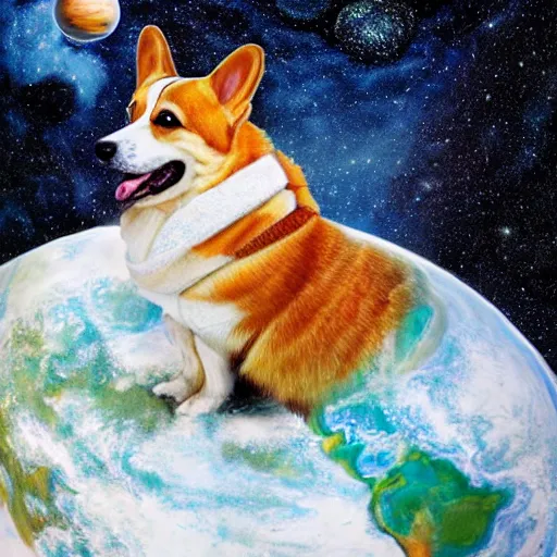 Image similar to all of the planets revolving around a giant Corgi, beautiful, oil on canvas, intricate, 8k highly professionally detailed, HDR, CGsociety