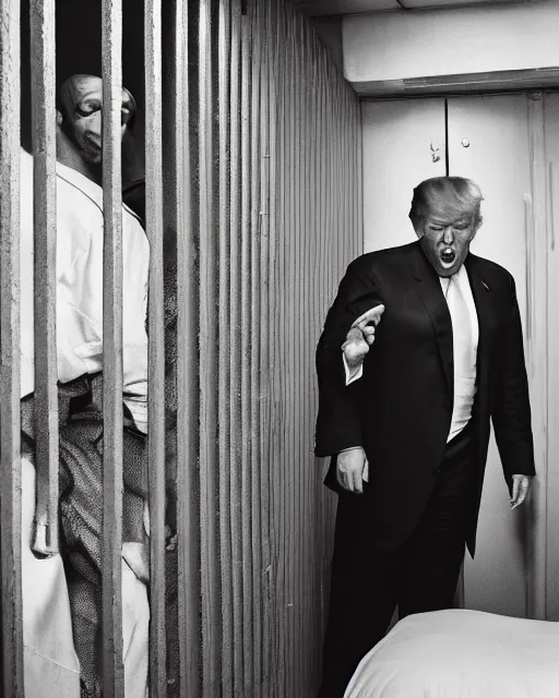 Image similar to Medium shot photo of scared Donald Trump in prison jail wearing orange pajamas with an American bald eagle attacking his head, Annie Leibowitz, octane, dramatic lighting, editorial photo, 35mm, very detailed