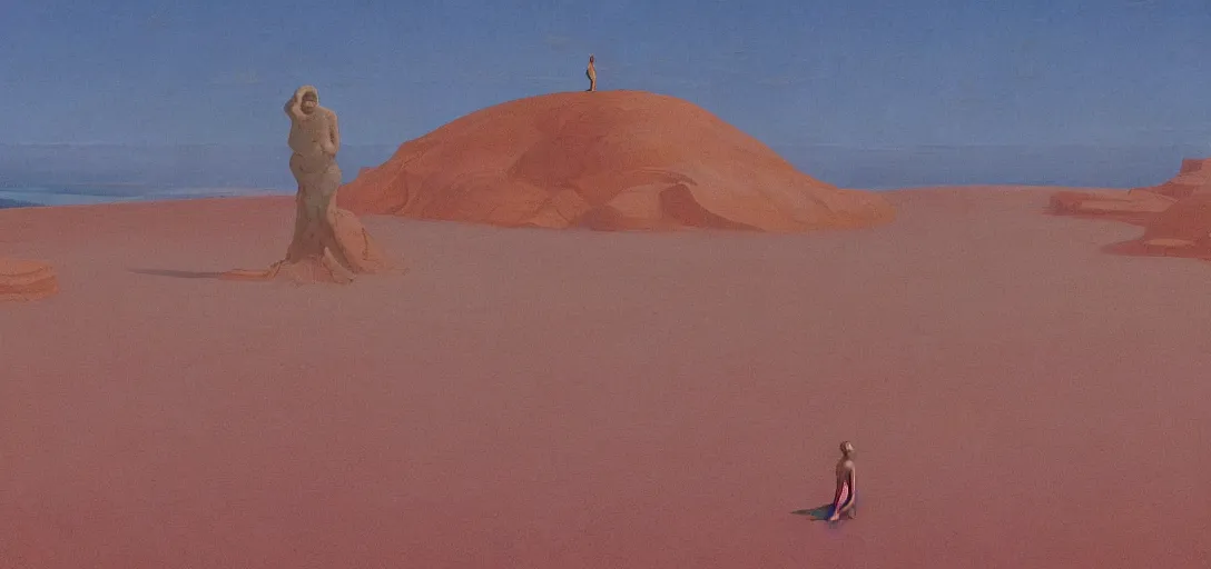 Prompt: a golden salt flat surrounded by dunes with a ruined statue of a woman emerging from the blue sand, illustrated, epic composistion, moebius, edward hopper and james gilleard, zdzislaw beksinski, steven outram, volumetric lighting, surreal flat colors, concept art