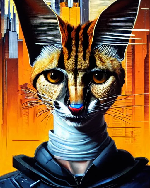 Prompt: a portrait of an anthropomorphic cyberpunk serval by sandra chevrier, by jon foster, detailed render, tape deck, epic composition, cybernetics, 4 k realistic, cryengine, realistic shaded lighting, sharp focus, masterpiece, by enki bilal