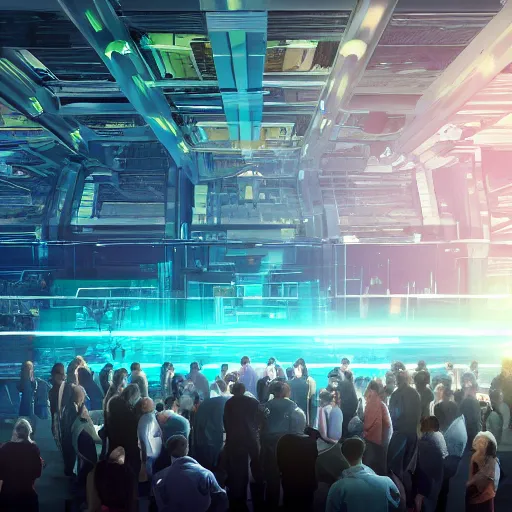 Prompt: large group people in a huge warehouse, looking at hologram of futuristic city on a table | cinematic concept art | godrays | 4 k | clear details | tabletop | tabletop | hologram foreground