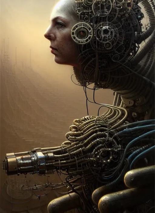 Image similar to portrait shot of machine that creates humans in a scenic dystopian environment, intricate, tubes and cables, elegant, highly detailed, centered, digital painting, artstation, concept art, smooth, sharp focus, illustration, artgerm, tomasz alen kopera, peter mohrbacher, donato giancola, joseph christian leyendecker, wlop, boris vallejo