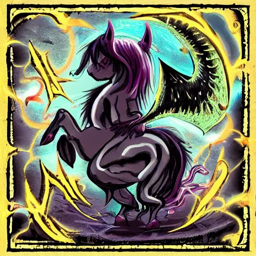 Prompt: ancient dark occult cult summon pony demon, dark cave, bright flashes, horror, cinematic