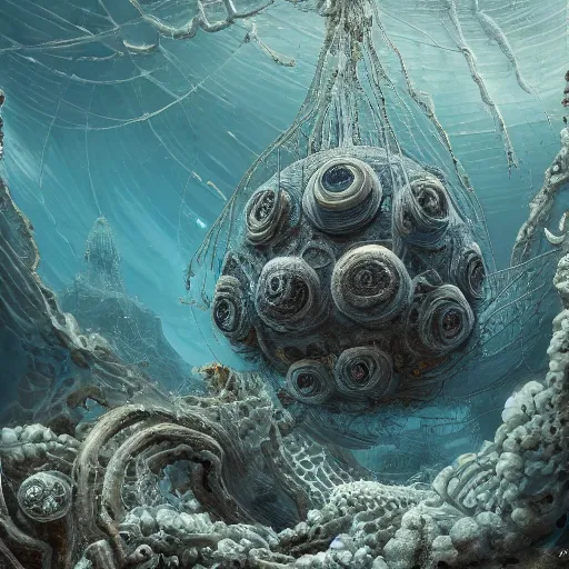 Prompt: painting of a deep sea biological megastructure, covered in rot and barnacles, 3d art, detailed, trending on Artstation