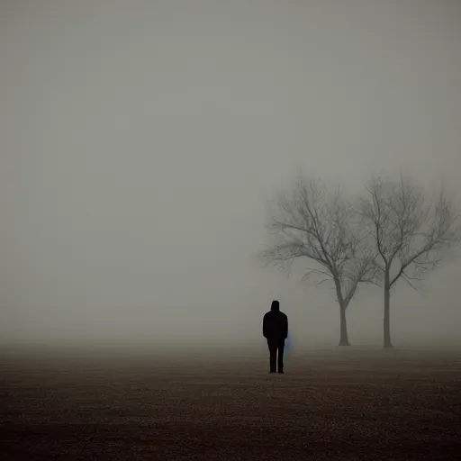 Prompt: a lonely man standing on a deserted planet, dreary, head down, smokey, mist, blur, ambient lighting, photograph, 24mm,