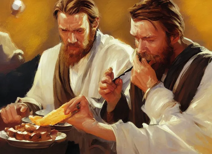 Prompt: a highly detailed beautiful portrait of obi - wan kenobi eating only one cannoli, by gregory manchess, james gurney, james jean