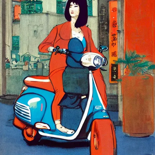 Prompt: the orange - haired vespa queen in hong kong, by amiet kuno and coby whitmore