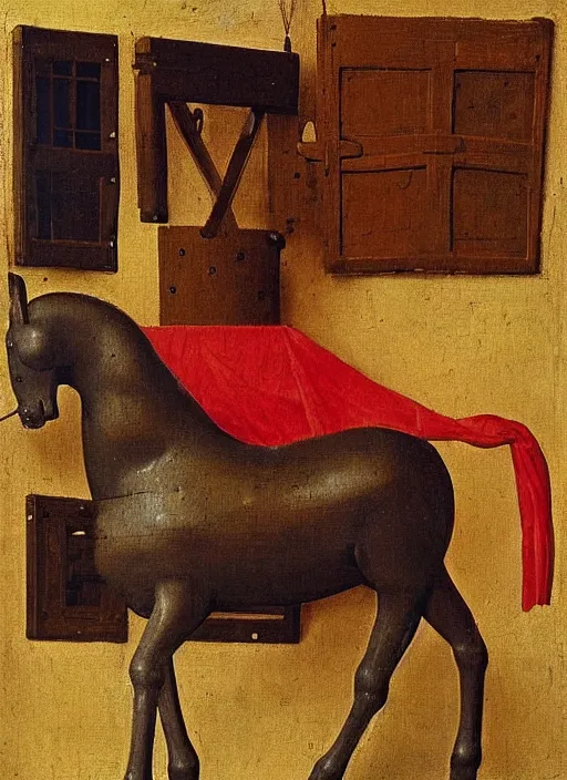 Image similar to wooden horse toy, medieval painting by jan van eyck, johannes vermeer, florence