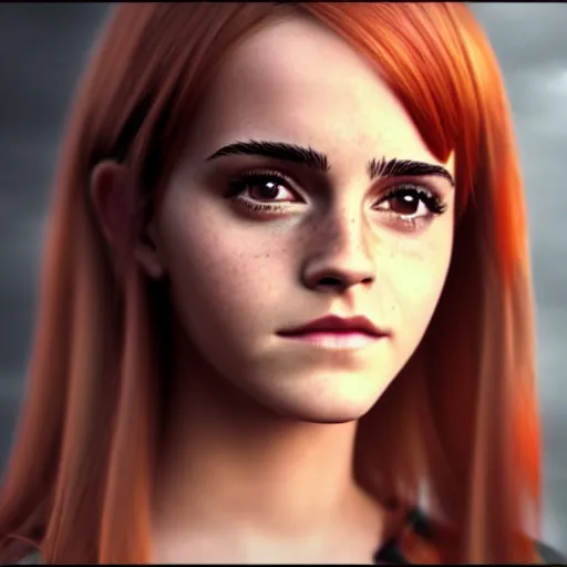 Prompt: emma watson render as a very beautiful 3d anime girl, hot petite, long braided orange red hair, hazel eyes, full round face, short smile, cinematic lightning, medium shot, mid-shot, highly detailed, trending on Artstation, Unreal Engine 4k, cinematic wallpaper