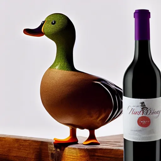 Prompt: a duck on top of a bottle of wine