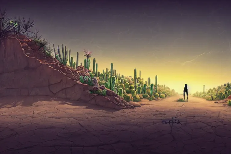 Image similar to a photo of a dystopian desert with loots of cacti, sobbing sad black silhouette of a person!, cantered, by Cyril Rolando!!!!!!, trending on DeviantArt, desolated, dark!, 8k resolution, rendered in Zbrush