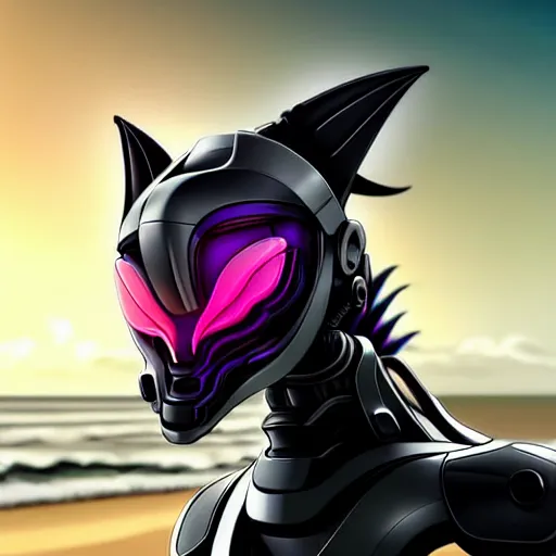 Image similar to close up maw shot, headshot, of a cute stunning robot anthropomorphic female dragon, with sleek silver armor, a black OLED visor over the eyes, looking at the camera, her warm dragon maw open in front of the camera, camera looking down into the maw, about to consume the camera, on the beach at sunset, highly detailed digital art, furry art, anthro art, sci fi, warframe art, destiny art, high quality, 3D realistic, mawshot, Furaffinity, Deviantart