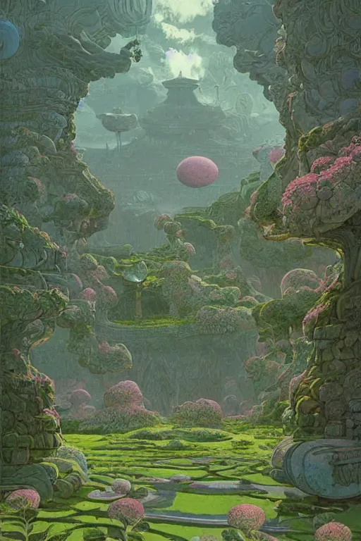 Prompt: a detailed concept art of an ancient garden, by moebius, by beeple