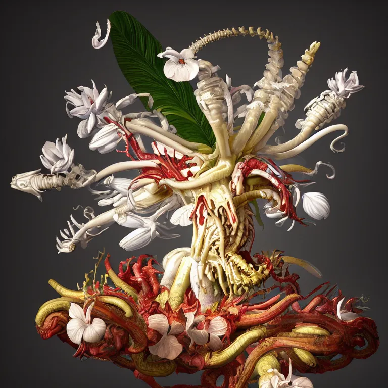 Image similar to still life of white xenomorph, beautiful tropical flowers, human spine, colorful mold, baroque painting, beautiful detailed intricate insanely detailed octane render, 8K artistic photography, photorealistic, chiaroscuro, Raphael, Caravaggio