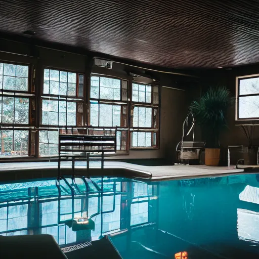 Prompt: dslr photograph of a liminal space indoor pool