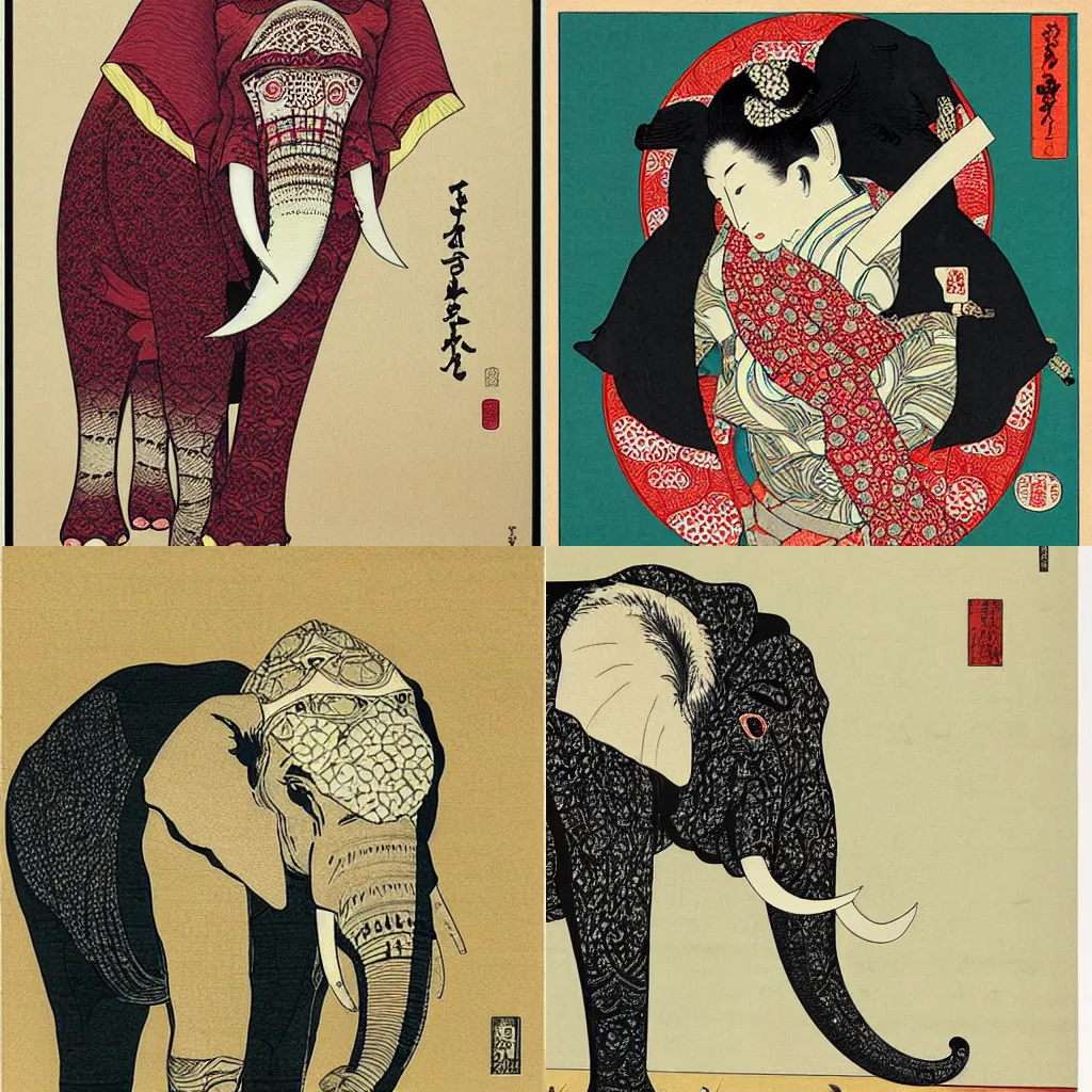 Prompt: elephant, ukiyo - e on woodblock, by takato yamamoto